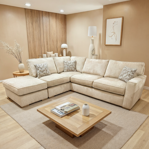 Beige sectional sofa in a living room with a wooden coffee table and decorative items.