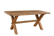 A wooden dining table with a natural brown finish and a rustic design, featuring crisscrossed legs.