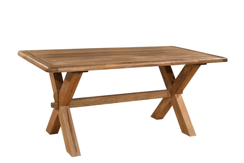 A wooden dining table with a natural brown finish and a rustic design, featuring crisscrossed legs.
