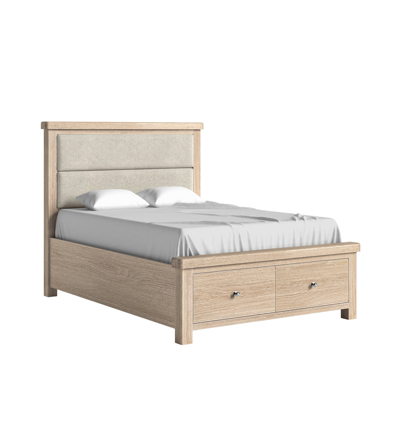 Dunkirk White Wash 4'6 Bed With Cushion  - Cream Herringbone Headboard