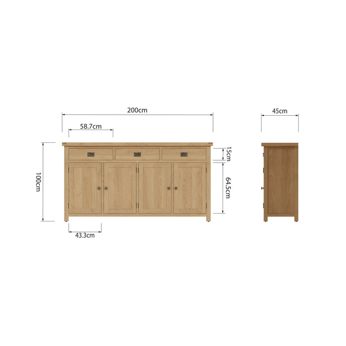 Country Oak Sideboard 4 Door, 3 Drawer