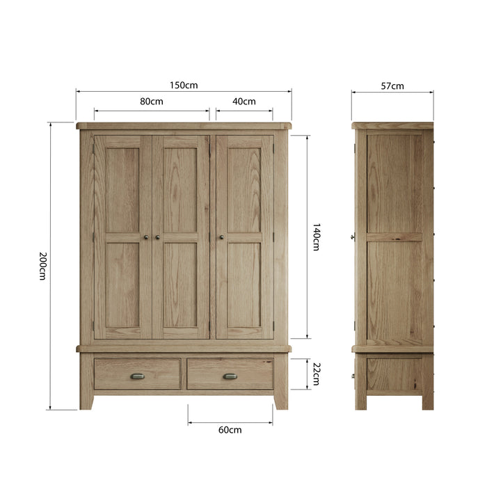 Weathered Oak 3 Drawer Wardrobe